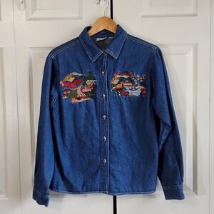 Cabin Creek Womens Denim Button Front Shirt Size PL‎ Embroidered Farm Pumpkin